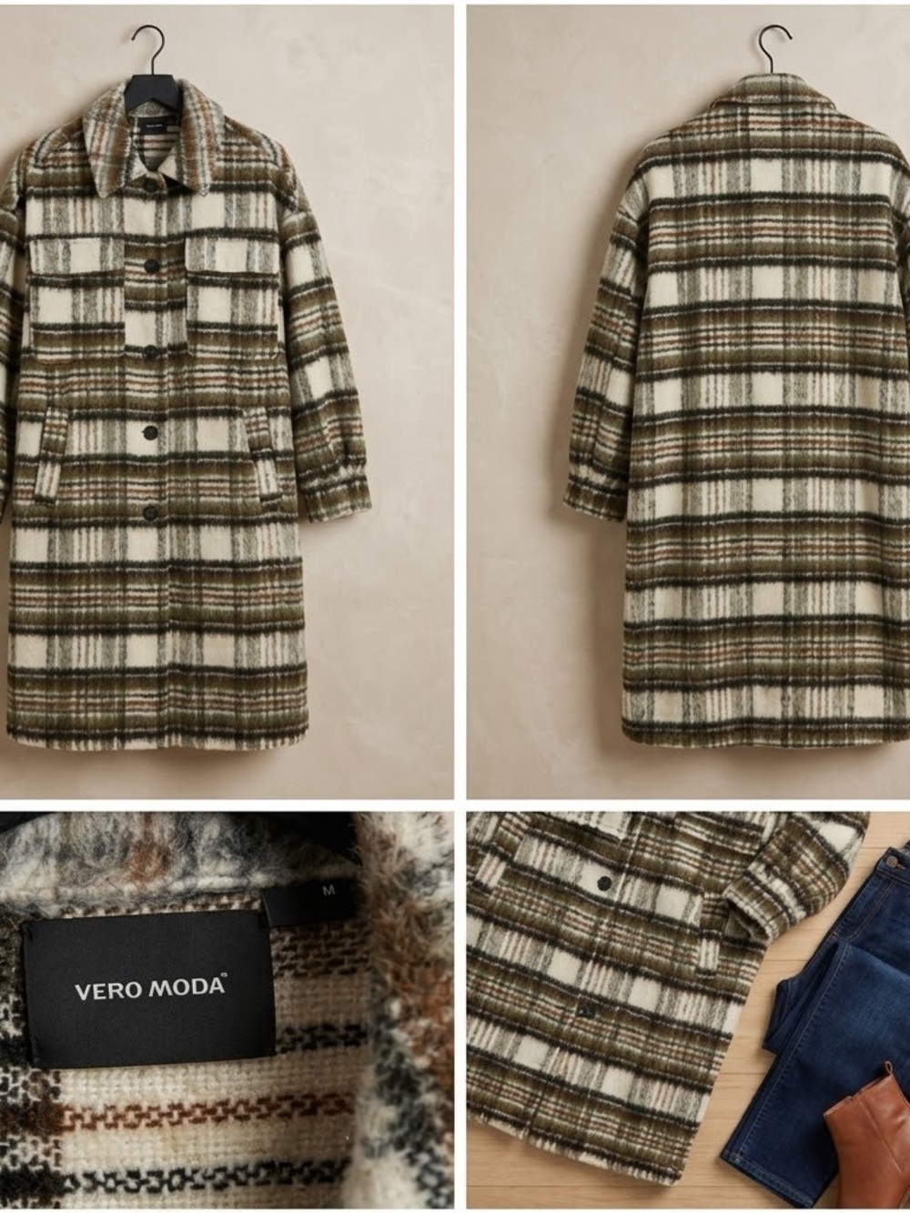 Vero Moda Olive and Cream Plaid Long Coat